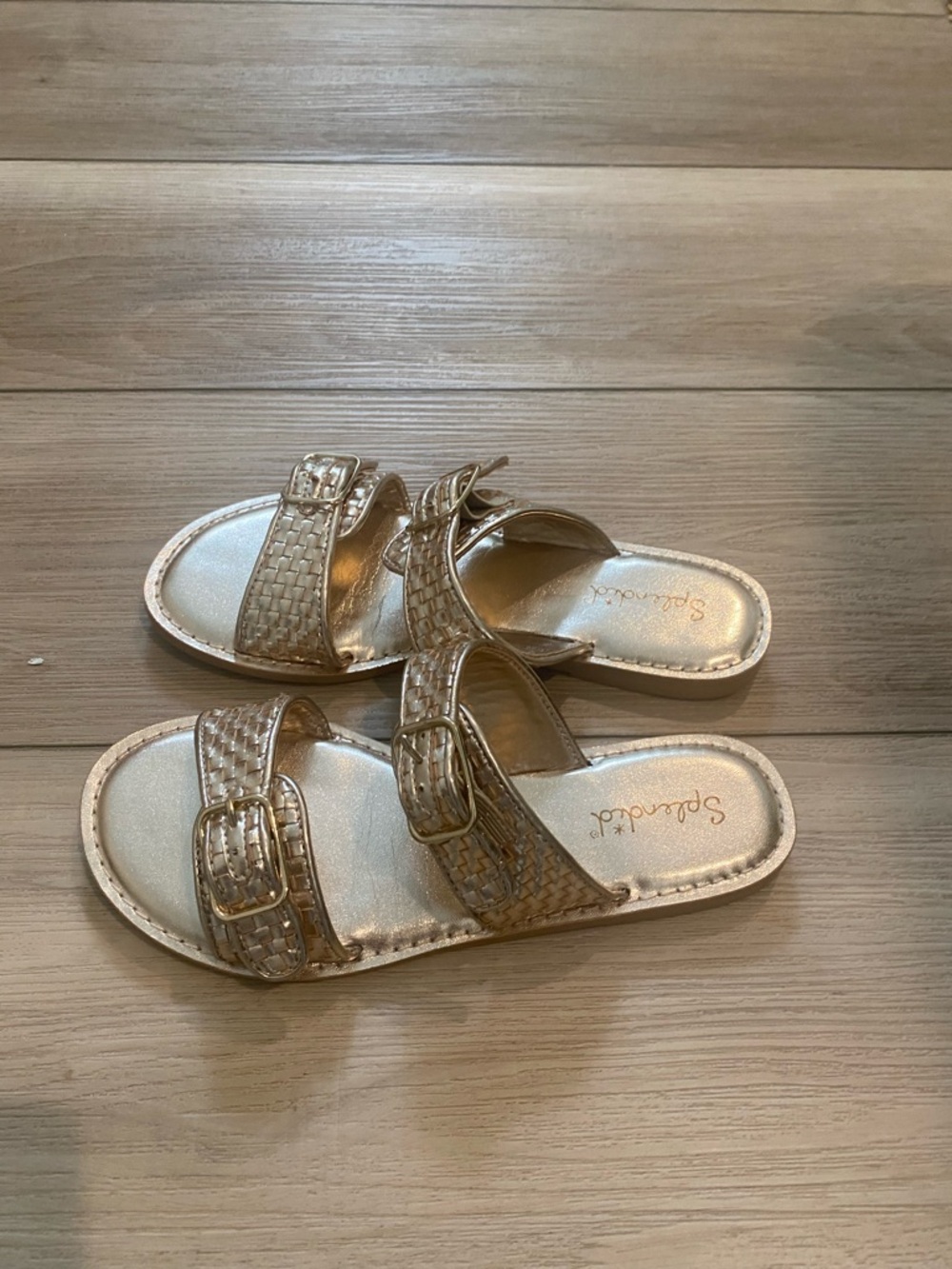Splendid Metallic Gold Woven Slide Sandals with Buckles